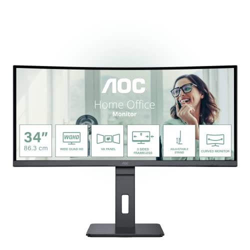 AOC CU34P3CV - 34 Zoll WQHD Curved Monitor, höhenverstellbar, Lautsprecher (3440x1440, 100 Hz, HDMI, DisplayPort, USB-C (65W PD), RJ45, USB Hub) schwarz von AOC