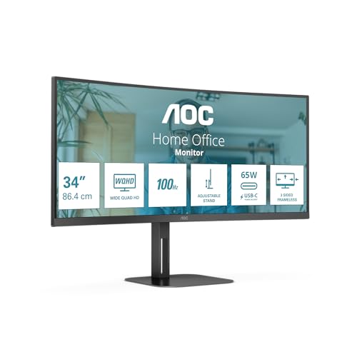 AOC CU34V5C - 34 Zoll WQHD Curved Monitor, Lautsprecher, höhenverstellbar (3440x1440, 100 Hz, HDMI, DisplayPort, USB-C, USB Hub) schwarz von AOC