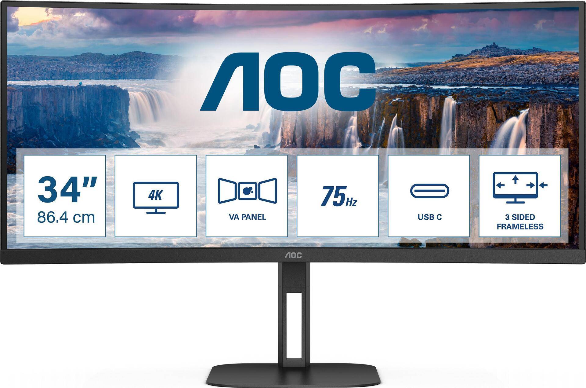 AOC CU34V5C - 86,40cm (34)  WQHD Curved Monitor, Lautsprecher, höhenverstellbar (3440x1440, 100 Hz, HDMI, DisplayPort, USB-C, USB Hub) schwarz [Energieklasse G] (CU34V5C/BK) von AOC
