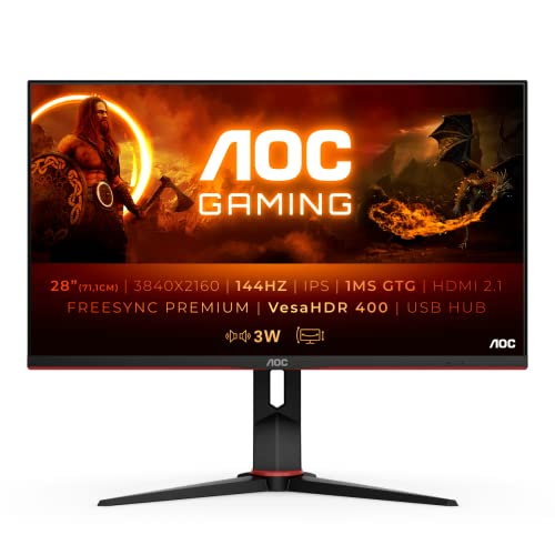 AOC Gaming U28G2XU2 - 28 Zoll UHD Monitor, 144 Hz, 1 ms, FreeSync PremiumPro, HDR400 (3840x2160, HDMI 2.1, DisplayPort, USB Hub) schwarz/rot von AOC
