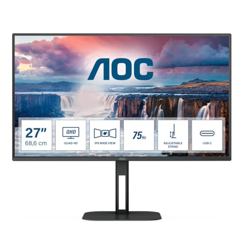AOC Q27V5C - 27 Zoll QHD Monitor, Lautsprecher, höhenverstellbar (2560x1440, 75 Hz, HDMI, DisplayPort, USB-C, USB Hub) schwarz von AOC