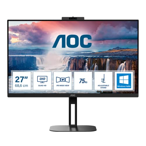 AOC Q27V5CW - 27 Zoll QHD Monitor, Webcam, Lautsprecher, höhenverstellbar (2560x1440, 75 Hz, HDMI, DisplayPort, USB-C, USB Hub) schwarz von AOC