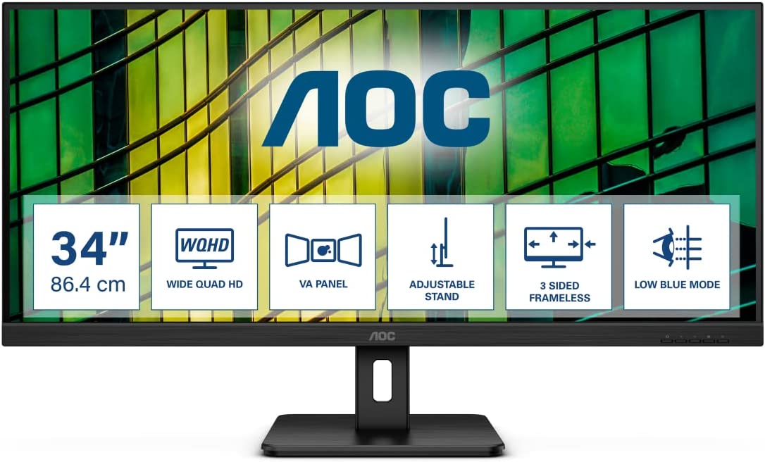 AOC U34E2M - 86,40cm (34)  WQHD Monitor, 100 Hz, 4 ms, Adaptive Sync (3440x1440, HDMI, DisplayPort) schwarz [Energieklasse F] (U34E2M) von AOC