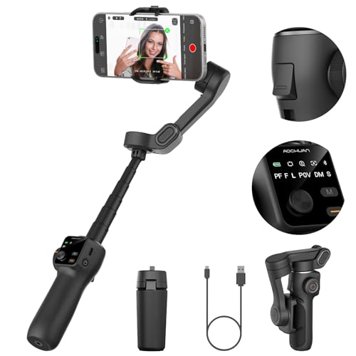 AOCHUAN 3-Achsen-Gimbal-Stabilisator mit integrierter 7,8-Zoll-Verlängerungsstange, Telefon-Gimbal mit AI-Tracking, tragbarer Telefonhalter für iPhone mit OLED-Display, Auslösetaste Smart V8 (Schwarz) von AOCHUAN
