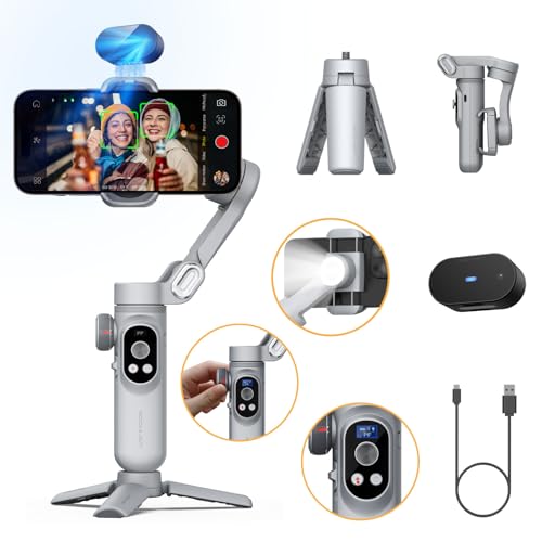 AOCHUAN 3-Achsen-iPhone-Gimbal, Gimbal-Stabilisator für Smartphone mit AI-Vision-Sensor, Gimbal für iPhone/Android, Telefon-Gimbal mit integriertem Fülllicht, perfekt für Vlog-Smart AI XPro Grau von AOCHUAN