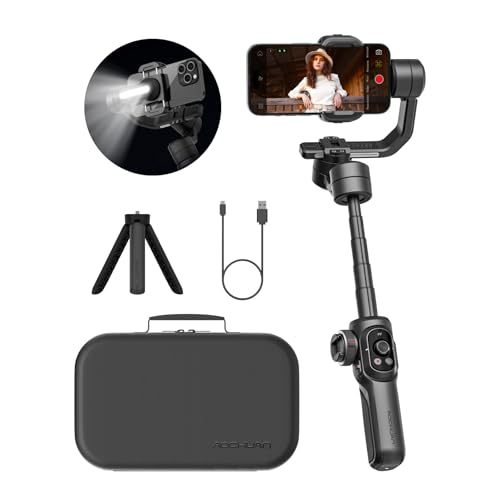 AOCHUAN Gimbal-Stabilisator für iPhone, 3-Achsen Industriestandard Gimbal mit 360°Rotation, Stabilisierung mit integrierter Verlängerungsstange,Stabilisator mit Licht für iPhone/Android-Smart S2 von AOCHUAN