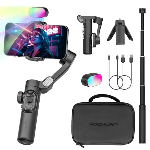 AOCHUAN Handy-Gimbal-Stabilisator für iPhone 15 Pro Max Android-Handys mit Verlängerungsstange, 3-Achsen-Telefon-Gimbal-Stabilisator mit Follow-Fokus für Vlogging, TikTok, YouTube (Smart XE Combo1) von AOCHUAN