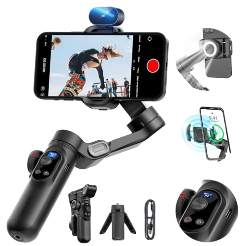 Gimbal-Stabilisator für Smartphone-KI-Tracking (Keine App), 3-Achsen-Gimbal mit OLED-Display/integriertem Licht, Stabilisator für iPhone und Android, AOCHUAN X Pro Graue KI-Version von AOCHUAN