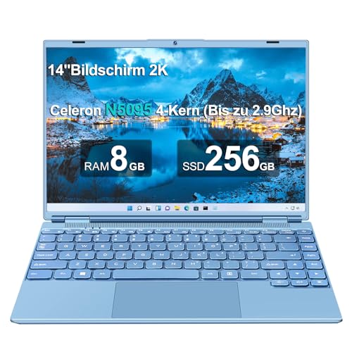 AOCWEI Laptop 14 Zoll 8GB+256GB SSD Erweiterbar 1 TB SSD, Notebook mit Celeron N5095 (bis zu 2,9 GHz), Kühlgebläse 1920x1200 2K FHD Extrem Schmale Lünette Bildschirm Multifunktionales-Blue von AOCWEI