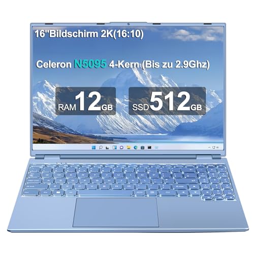 AOCWEI Laptop 16 Zoll 12GB RAM 512GB ROM Erweiterungen 2,5" 1 TB SSD, Laptop Win 11 mit 4-Core CPU N5095 (bis zu 2,9 GHz), 1920 * 1200丨5G WiFi丨Bluetooth & Deutsche Tastatur Aufkleber-Blau von AOCWEI