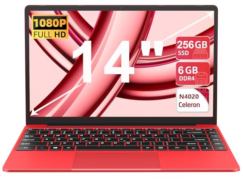 AOCWEI Laptop 14 Inch Celeron N4020 Up to 2.8Ghz, Laptops Win 11 Con 5G WiFi 6+256GB SSD Erweiterung 1TB, BT 4.2 1920 * 1080 FHD Mini Multimedia Anschluss, Notebook with Deutscher Keyboardfilm-Red von AOCWEI