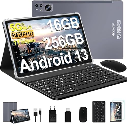AOCWEI Tablet Android 13 11 Zoll 2K 16 GB RAM + 256 GB ROM (Tf 512 GB), 5G + 2,4 G WLAN, Bluetooth 5.0, Octa Core, 2.0 GHz, 8600 mAh, 2000 x 1200 Pixel, 5 + 13 MP, Tablet mit Tastatur und Maus von AOCWEI