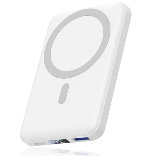 AOGUERBE Magnetische Kabellose Powerbank, 10000mAh Mag-Safe Wireless Power Bank mit LED-Display, Externer Akku mit USB-C Mini Battery Pack für iPhone 15/14/13/12 Pro/Pro Max/Plus/Mini (Weiß) von AOGUERBE