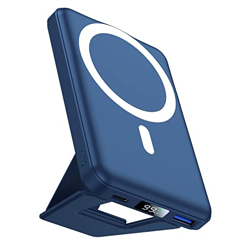 AOGUERBE Wireless Power Bank, 10000mAh Faltbarer Magnetische Powerbank Mini PD 22,5W Schnellladen mit LED Display, Kompatibel mit MagSafe für iPhone 16/15/14/13/12 Plus/Mini/Pro/Pro Max (Blau) von AOGUERBE
