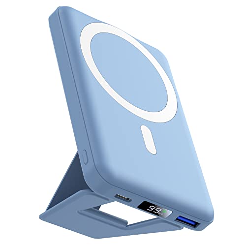 AOGUERBE Wireless Power Bank, 10000mAh Faltbarer Magnetische Powerbank Mini PD 22,5W Schnellladen mit LED Display, Kompatibel mit MagSafe für iPhone 16/15/14/13/12 Plus/Mini/Pro/Pro Max (Hellblau) von AOGUERBE