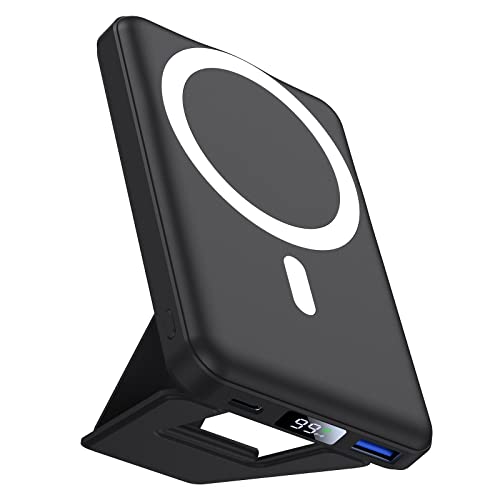 AOGUERBE Wireless Power Bank, 10000mAh Faltbarer Magnetische Powerbank Mini PD 22,5W Schnellladen mit LED Display, Kompatibel mit MagSafe für iPhone 16/15/14/13/12 Plus/Mini/Pro/Pro Max (Schwarz) von AOGUERBE