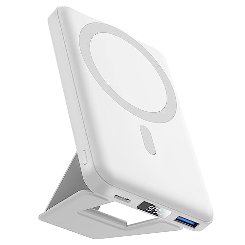 AOGUERBE Wireless Power Bank, 10000mAh Faltbarer Magnetische Powerbank Mini PD 22,5W Schnellladen mit LED Display, Kompatibel mit MagSafe für iPhone 16/15/14/13/12 Plus/Mini/Pro/Pro Max (Weiß) von AOGUERBE