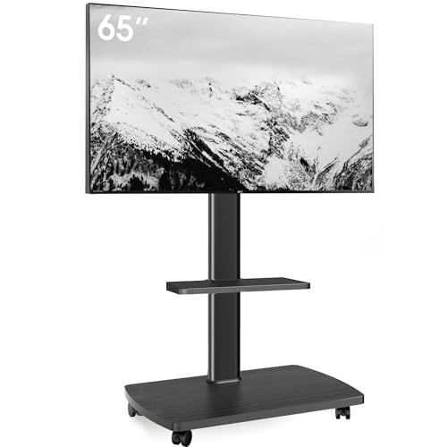 AOKCOS TV Ständer Rollbar mit Holzablage Regal, Fernsehständer auf Rollen für 32-65 Zoll Fernseher, TV Bodenständer Höhenverstellbar Schwenkbar, bis 40 kg Max. VESA 400x400mm (Schwarz) von AOKCOS