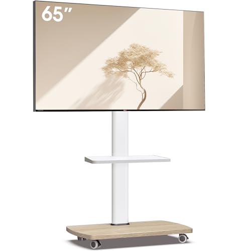 AOKCOS TV Ständer Rollbar mit Holzablage Regal, Fernsehständer auf Rollen für 32-65 Zoll Fernseher, TV Bodenständer Höhenverstellbar Schwenkbar, bis 40 kg Max. VESA 400x400mm (Weiß+Natur) von AOKCOS