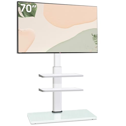 AOKCOS TV Ständer für 32-70 Zoll Flach&Curved Fernseher, TV Bodenständer Höhe 1350mm, Höhenverstellbar Schwenkbar Neigbar Fernsehständer 3 Stufigen Regalen, Max.VESA 400x400mm bis zu 40kg (Weiß) von AOKCOS