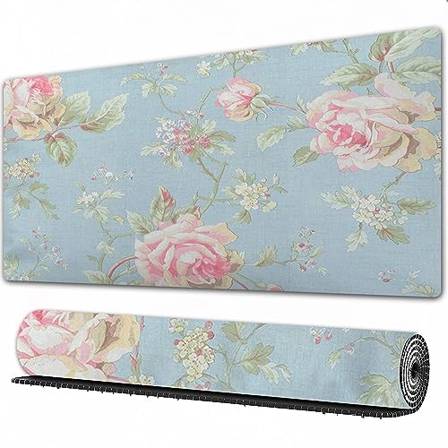 Gaming Mousepad XXL Blaues Vintages Rosen-Rosa-Elegantes Spitze-mit Blumenmuster abstrakt rutschfest und Wasserabweisend Mauspad Groß - Mouse Pad XXL Gaming Schreibtischunterlage PC Zubehör Gaming. von AOKLEY