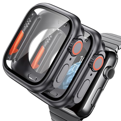 AOKUTDA 2-Stück Hülle Kompatibel Apple Watch 9/8/7 45mm (Sieht Aus wie Ultra und Ultra2) 360°Schutzhülle für Apple Watch 41mm Kratzfest 9H High Definition Hartglas Case+Heckdeckel,Original Black von AOKUTDA