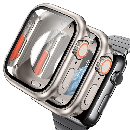 AOKUTDA 2-Stück Hülle Kompatibel Apple Watch 9/8/7 45mm (Sieht Aus wie Ultra und Ultra2) 360°Schutzhülle für Apple Watch 41mm Kratzfest 9H High Definition Hartglas Case+Heckdeckel,Titangold von AOKUTDA