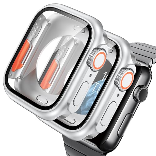 AOKUTDA 2-Stück Hülle für Apple Watch 41mm Kompatibel Apple Watch 9/8/7 41mm (Sieht Aus wie Ultra und Ultra2) Mit 9H High Definition Hartglas Schutzhülle+Heckdeckel+Oberfläche Krone,Silvery von AOKUTDA