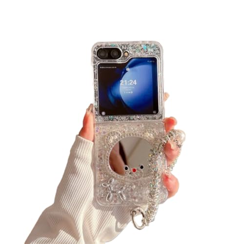 AOLABOKY Glitzer-Schutzhülle für Samsung Galaxy Z Flip 6/5, niedlicher Cartoon-Bär, Spiegel, für Mädchen und Frauen, mit funkelnder Perlen-Handgelenkkette (Z Flip 6) von AOLABOKY