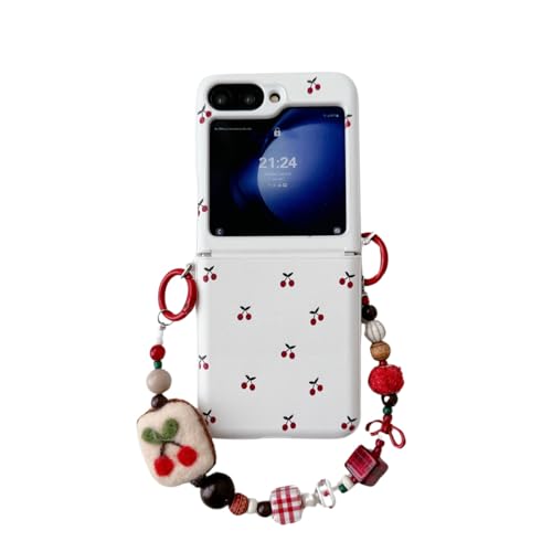AOLABOKY Niedliche Lederhülle, kompatibel mit Samsung Galaxy Z Flip 6 für Mädchen, Kirsch-Design, für Samsung Galaxy Z Flip 5, mit Handgelenkkette (Z Flip 5) von AOLABOKY