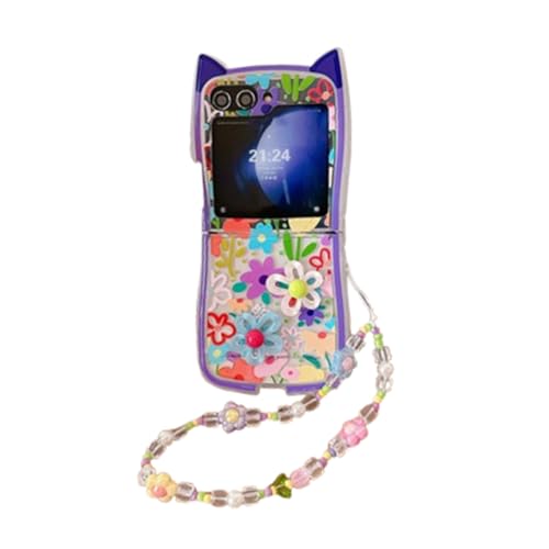 AOLABOKY Schutzhülle für Samsung Galaxy Z Flip 6/5, buntes 3D-Blumendesign, lustig, niedlich, kreative Katzenohren, Handyhülle mit Perlen-Handgelenkkette für Mädchen und Damen (Z Flip 5) von AOLABOKY