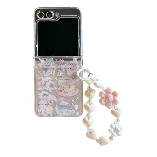 AOLABOKY Schutzhülle für Samsung Galaxy Z Flip 6 (2024), niedliche Cartoon-Katzen, transparente Handy-Schutzhülle für Galaxy Z Flip 5, mit Perlen-Handgelenkkette für Mädchen (Z Flip 5, Katzen) von AOLABOKY