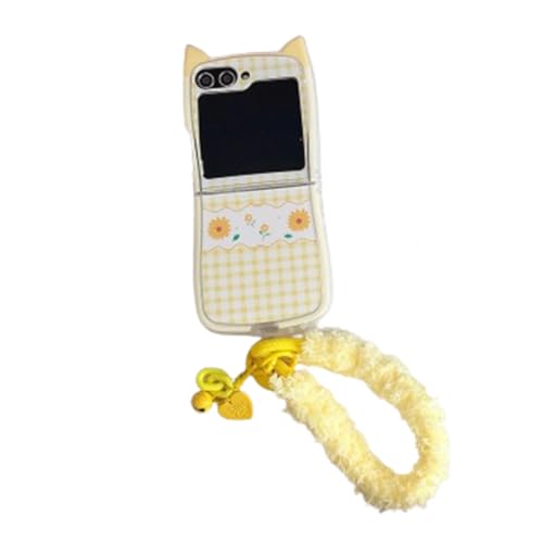 AOLABOKY Schutzhülle für Samsung Galaxy Z Flip 6 mit niedlichem Katzenohren, modische Schleife, Blumen-Design, weiche TPU-Schutzhülle für Galaxy Z Flip 5, mit Handgelenkseil, Gelb von AOLABOKY