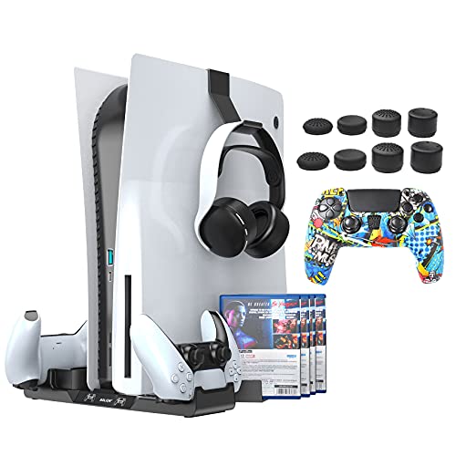 PS5 Stand for Playstation 5 / PS5 Disc & Digital Edition, PS5 Accessory Stand with Dual Controller Charging Station, Headset Holder, 12 Game Stores, 8 Pieces Thumb Grip Caps and PS5 Controller Skin von AOLION