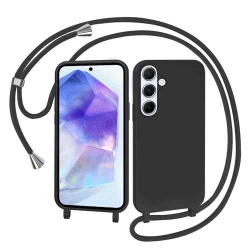 AOMYKE Handyhülle für Samsung Galaxy A55 5G Hülle mit Band, Handykette Samsung Galaxy A55 5G Hülle zum Umhängen Schutzhülle mit Kette Kordel Weich TPU Liquid Silikon Case, Schwarz von AOMYKE