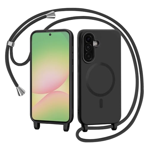 AOMYKE Handykette für Samsung Galaxy A56 5G Hülle mit Band, Ultra Dünn Magnetisch Handyhülle zum Umhängen Schutzhülle mit Kette Kordel Weich TPU Liquid Silikon Case，Schwarz von AOMYKE