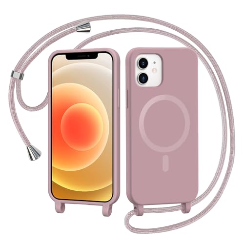 AOMYKE Handykette für iPhone 12 / iPhone 12 Pro Hülle mit Band, Magnetisch Handyhülle kompatibel mit Magsafe zum Umhängen Schutzhülle mit Kette Kordel Weich TPU Liquid Silikon Case，Pink von AOMYKE