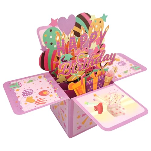 3D Pop Up Geburtstagskarte,3D Geburtstagskarten mit Umschlag,Happy Birthday Karte,Kreative Geburtstagsgeschenk,Grußkarten mit Umschlag für Jungen,Mädchen,Männer,Frauen (Rosa) von AONAT