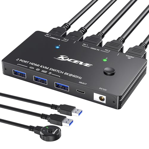 8K@60Hz HDMI KVM-Switch 2 PC 1 Monitore 4K@144Hz USB 3.0 KVM-Switches mit USB 3.0-Kabeln Kabelgebundener Controller (8K Single Monitor KVM) von AOOCOO