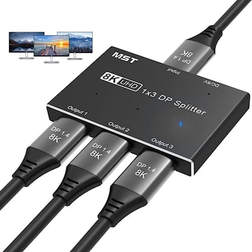 DisplayPort Splitter 1 IN 3 Out, DisplayPort 1.4 MST SST Hub Splitter 8K@30Hz 4K@144Hz DP zu DP Videokonverter für Grafikkarte mit MST Funktion (nur Windows PC) von AOOCOO