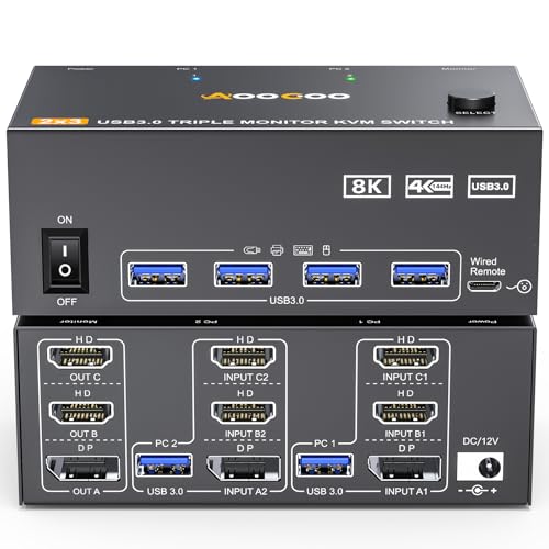 Displayport HDMI KVM Switch 2 PC 3 Monitore KVM 8K@60Hz/4K@144Hz USB 3.0 KVM Switch mit USB 3.0-Kabeln Kabelgebundener Controller (8K Triple Monitor KVM) von AOOCOO
