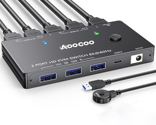 KVM Switch 2 Computer 1 Monitore 8K@60Hz/4K@120 Hz HDMI KVM Switches kabelgebundener Fernbedienung, Netzteil und USB3.0 Kabel im Lieferumfang enthalte von AOOCOO
