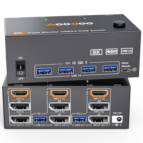 KVM Switch 3 Monitore 2 Computer 4K@144Hz 8K@60Hz, Displayport + HDMI USB3.0 KVM Switches mit 4 USB 3.0 Anschlüssen, kabelgebundener Fernbedienung, Netzteil und USB3.0 Kabel im Lieferumfang enthalten KVM Switch 3 Monitore 2 Computer 4K@144Hz 8K@60Hz, Displayport + HDMI USB3.0 KVM Switches mit 4 USB 3.0 Anschlüssen, kabelgebundener Fernbedienung, Netzteil und USB3.0 Kabel im Lieferumfang enthalten von AOOCOO