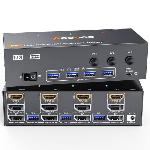 KVM Switch 3 Monitore 3 Computer 4K@144Hz 8K@60Hz, Displayport + HDMI USB3.0 KVM-Switches mit 4 USB 3.0 Anschlüssen, kabelgebundener Fernbedienung, Netzteil und USB3.0 Kabel im Lieferumfang enthalten KVM Switch 3 Monitore 3 Computer 4K@144Hz 8K@60Hz, Displayport + HDMI USB3.0 KVM-Switches mit 4 USB 3.0 Anschlüssen, kabelgebundener Fernbedienung, Netzteil und USB3.0 Kabel im Lieferumfang enthalten von AOOCOO