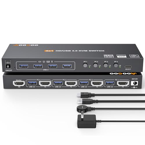 KVM Switch HDMI 4K@60Hz/2K@120Hz, HDMI KVM Switch für 4 Computer, die sich 1 Monitor und 4 USB3.0-Geräte teilen, Kabelfernbedienung und USB-Kabel im Lieferumfang enthalten von AOOCOO