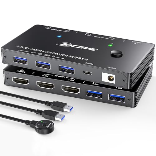 KVM Switch HDMI 8K@60Hz/4K@120Hz, HDMI2.1 KVM Switch für 2 Computer, die sich 1 Monitor und 3 USB3.0-Geräte teilen, Kabelfernbedienung und USB-Kabel im Lieferumfang enthalten von AOOCOO