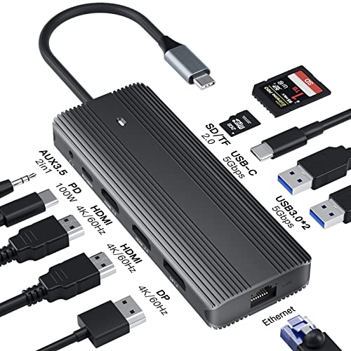 USB C Docking Station,11 in 1 Docking Station Triple Display, USB Hub Dockingstation mit 2 * 4K HDMI+Displayport+2*USB3.0+USB C Data Transfer+100W PD+Gigabit Ethernet+SD/TF +3.5mm Audio von AOOCOO