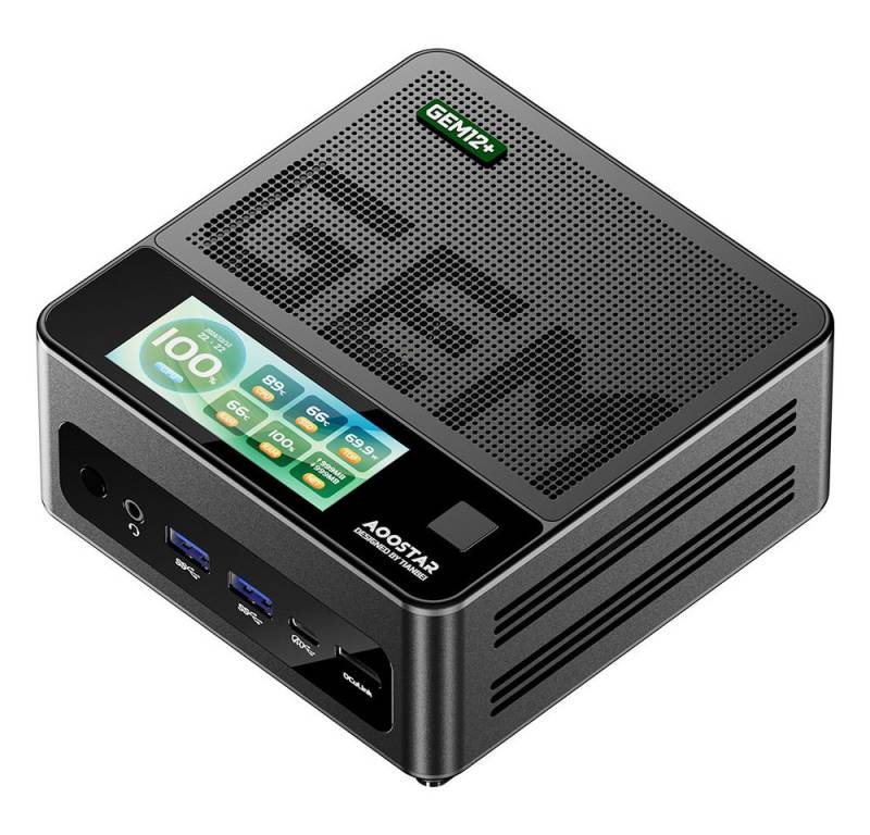 AOOSTAR GEM12+ Pro AMD Ryzen 7 Pro 8845HS, 8 Kerne, max. 5,1 GHz, 32GB+1TB Mini-PC (AMD AMD Ryzen 7 Pro 8845HS, AMD Radeon 780M, 32 GB RAM, 1024 GB SSD, Unterstützt das Entsperren per Fingerabdruck mit 2,68-Zoll-Display) von AOOSTAR
