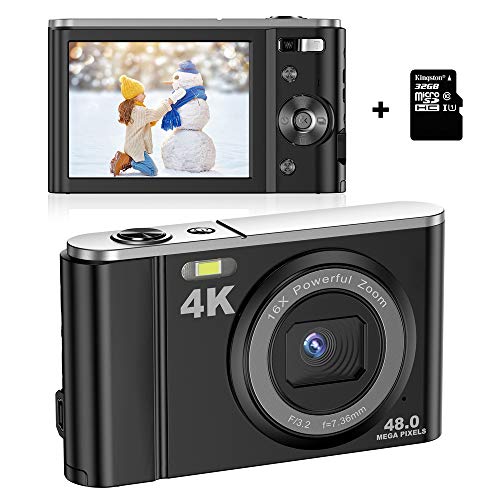 Digitalkamera 4K mit 32 GB SD Karte Mini-Videokamera 48 MP 2,8-Zoll-LCD-Akku Wiederaufladbare Taschenkamera für Studenten mit 16X Digitalzoom Vlogging-Kamera von AOREGRE