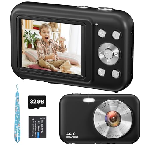 Digitalkamera Fotokamera, FHD 1080P 44MP Kinder Kompaktkamera mit 32GB Karte, Wiederaufladbare Digital Kamera mit 16X Digitalzoom, 2.4" LCD Fotoapparat für Kinder, Mädchen, Jungen, Anfänger(Schwarz) von AOREGRE